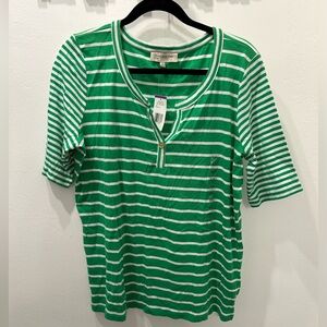 NWT Jones New York Sport GREEN Striped Top XXL 100% Cotton Short Sleeved NEW